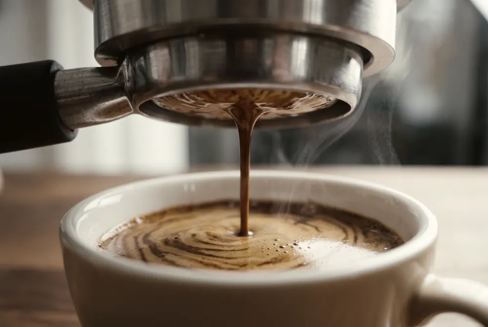 Espresso extracting from a bottomless portafilter into a warm ceramic cup, tiger-striped crema lit by low morning sun