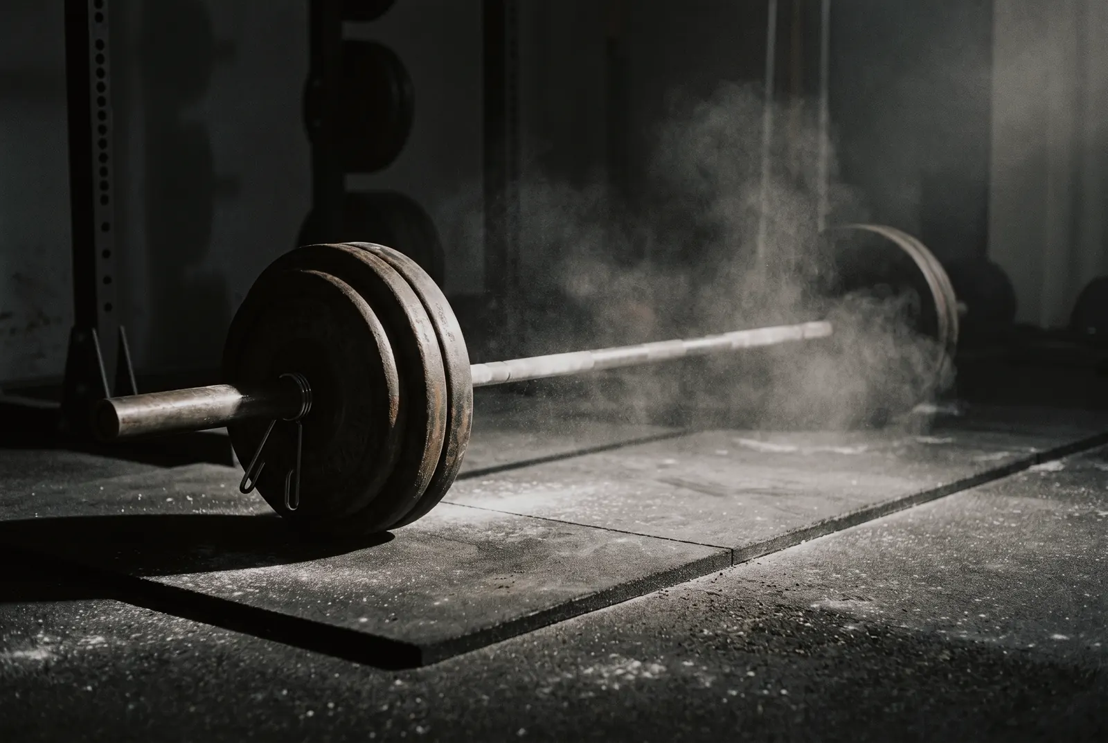A heavily chalked barbell loaded with worn iron plates on the lifting platform at Foundry Strength Co. in Tulare, chalk dust hanging in a hard shaft of side light.