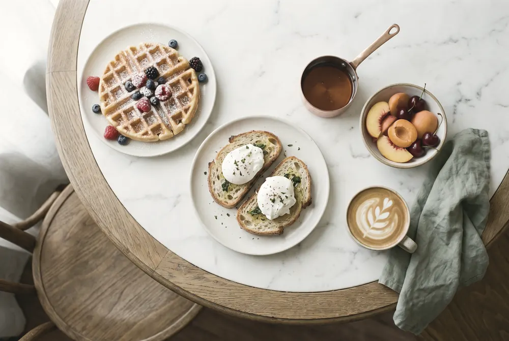 Overhead view of a marble table at The Linden Room: buttermilk waffles dusted with sugar and berries, poached eggs on sourdough, a copper pot of warm honey and a flat white in soft morning window light.